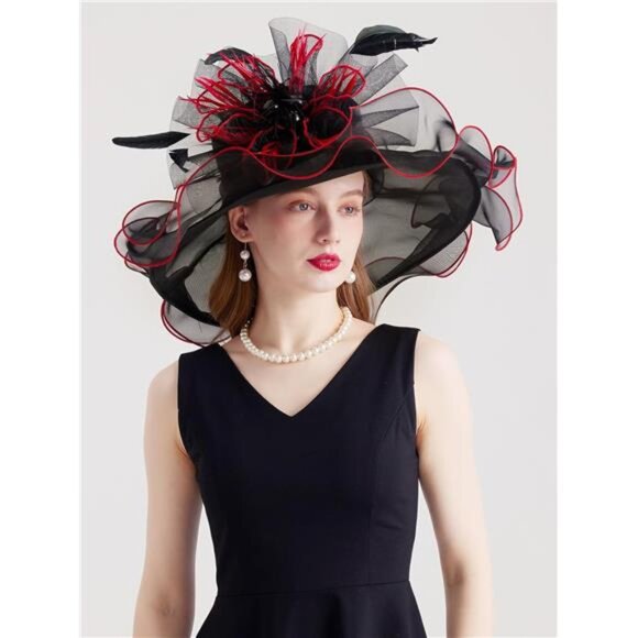 Women Organza Church Tea Party Hats Floral Black Red
